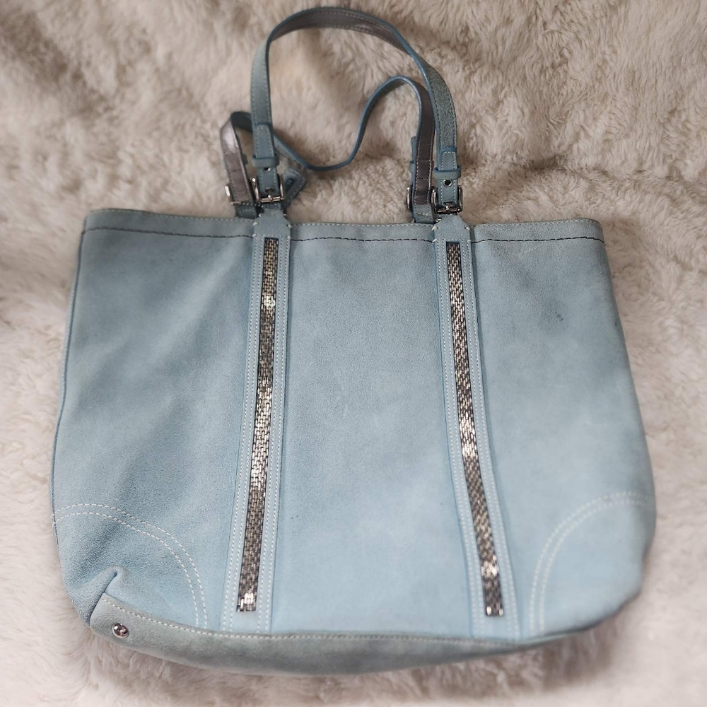 2005 Coach Aqua Blue Suede Beaded Gallery Tote Style 8B32 Y2K Vintage - Picture 7 of 16